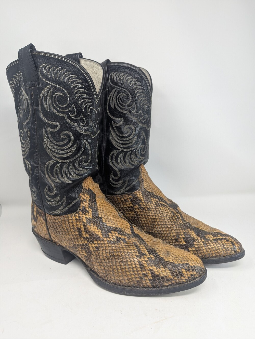 Olathe Snakeskin Python Cowboy Western Boots Mens 13 USA Black Gold Leather Show